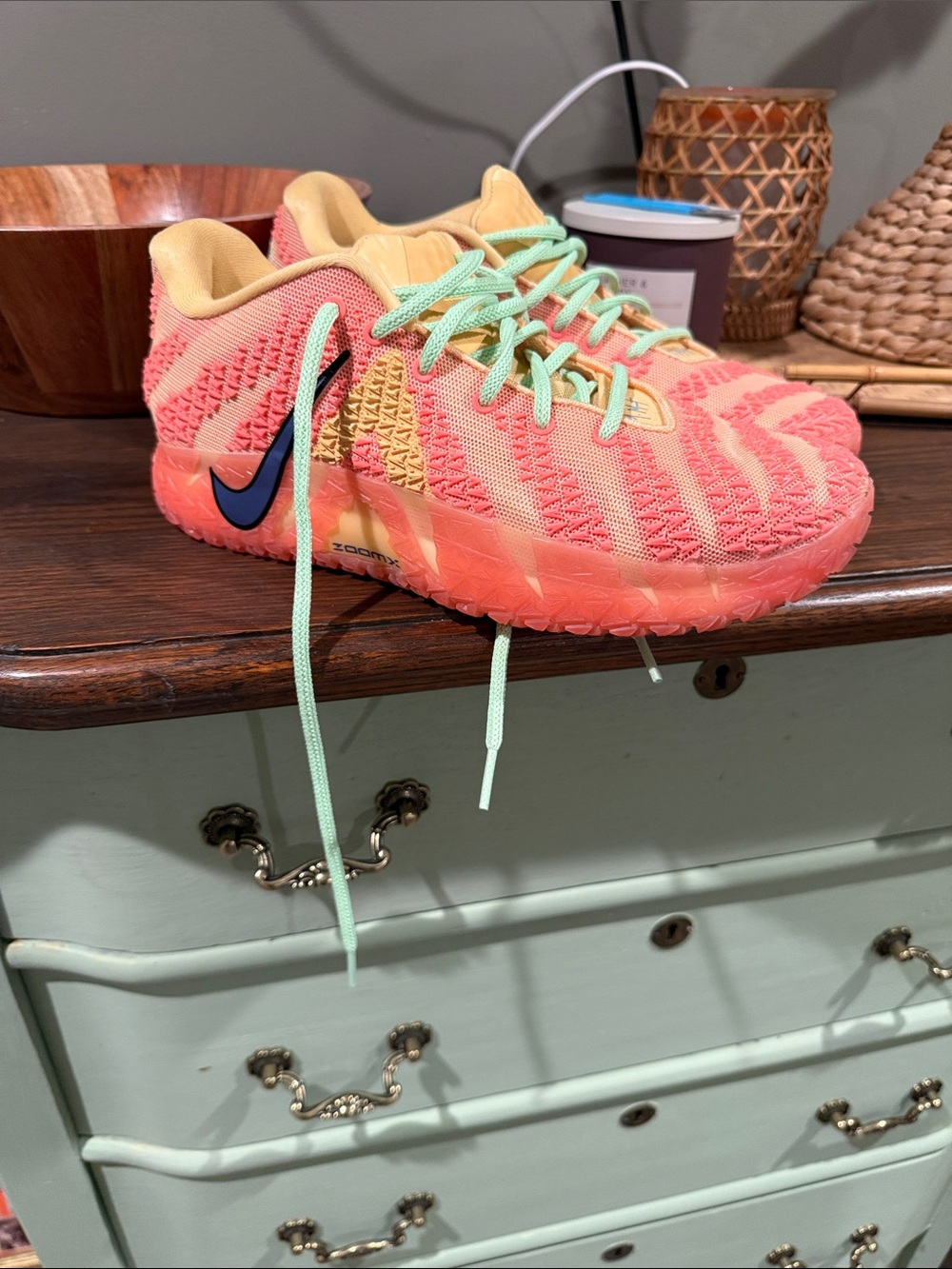 Nike Coral Ja Morant Athletic Sneakers with green Laces and Navy Swoosh